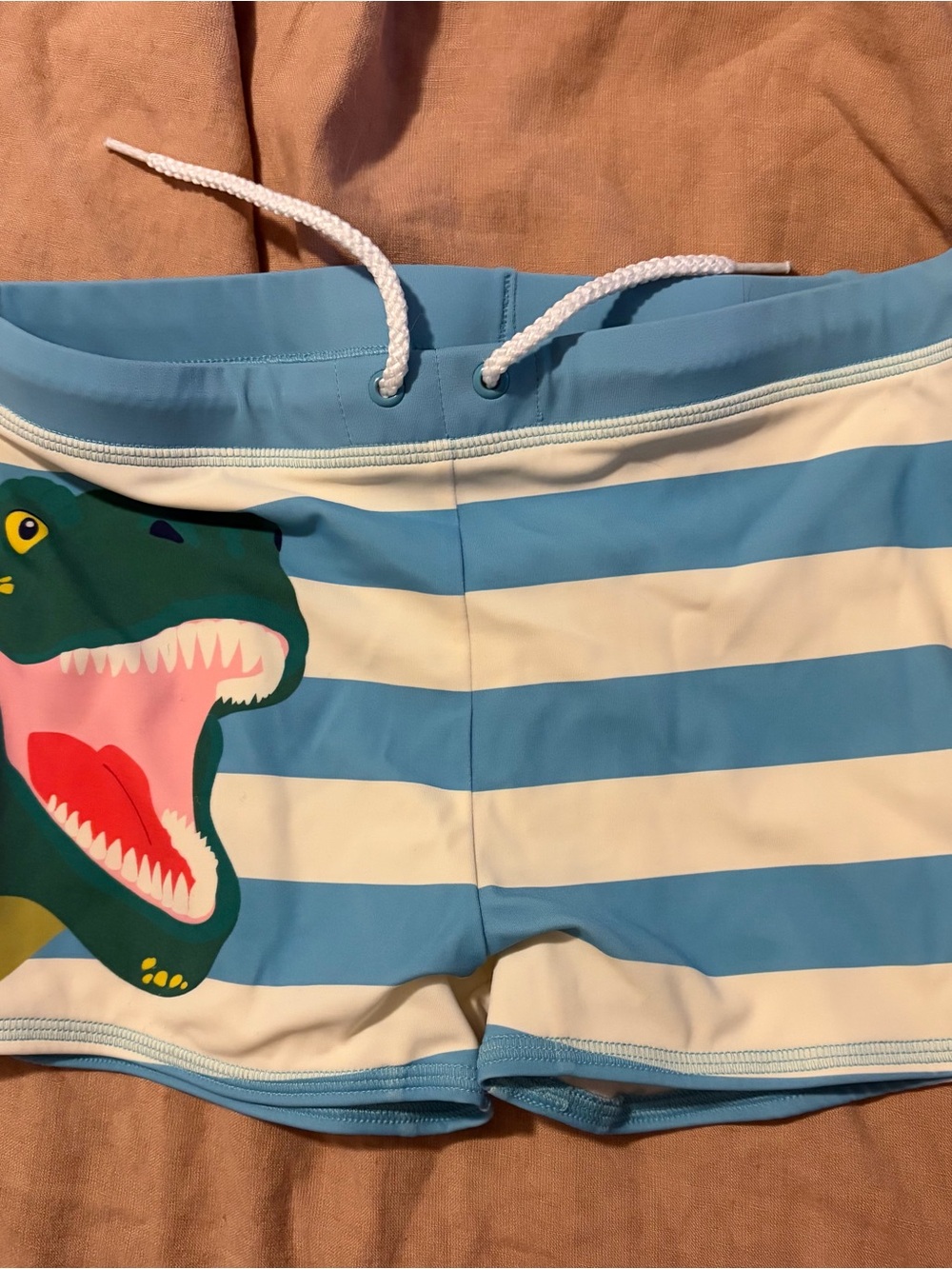 Mini Boden Blue and White Striped Dino Swim Trunks with Drawstring